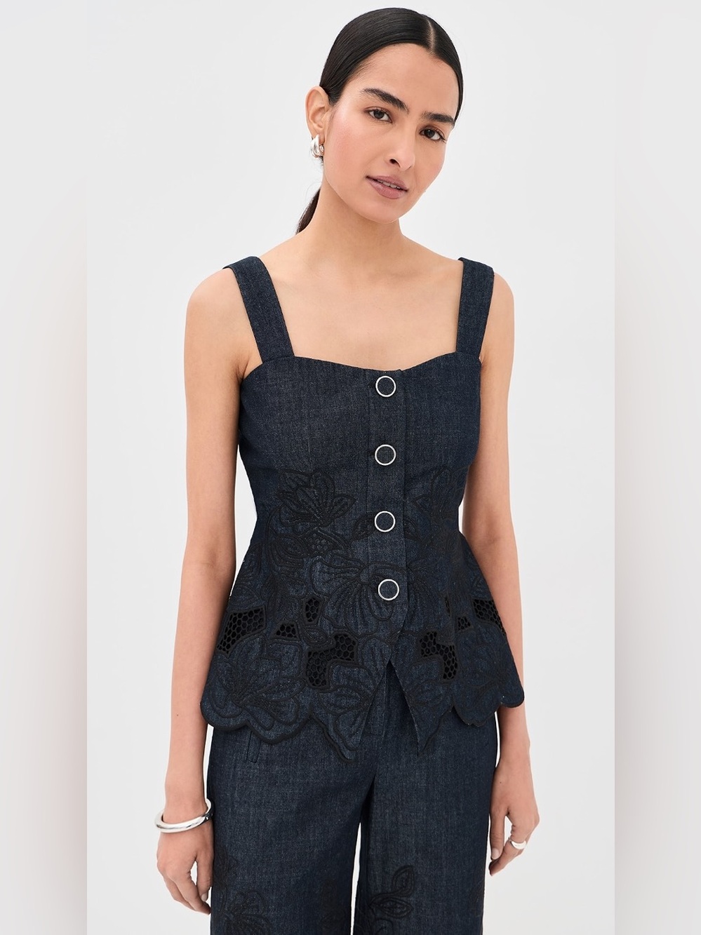 Veronica Beard Mirielle Eyelet Tank Top in Indigo Rinse, Size 8